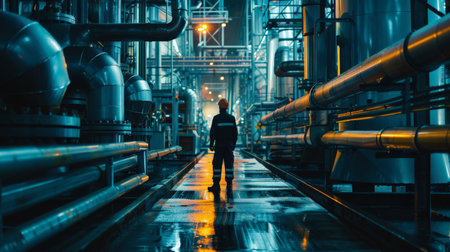 The dark figure of a man walking down a long, narrow corridor. The walls are lined with pipes and machinery.の素材