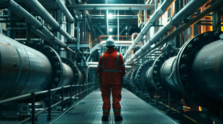 An industrial worker in an orange hazmat suit walks through a large, dark room filled with pipes and machinery.の素材
