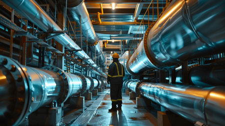 The photo shows a worker walking through a long, narrow corridor with pipes on both sides.の素材