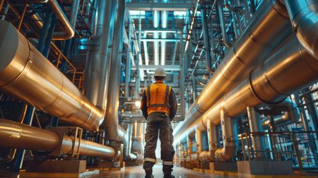 An industrial worker in a hard hat and safety vest inspects a large, complex machine.の素材
