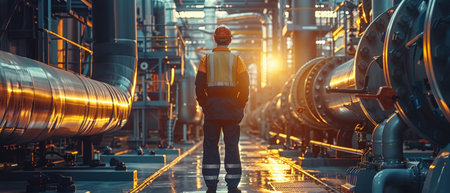 Oil and gas worker walking through a maze of pipes and valves in an industrial setting.の素材