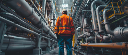 An industrial worker wearing a hard hat and safety vest walks through a large, modern industrial facility.の素材