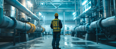 An industrial worker in a hard hat and safety vest inspects a large, complex machine.の素材