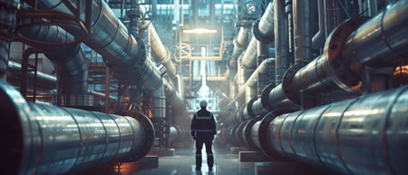 The photo shows a man standing in a large industrial building. There are pipes and machinery all around him.の素材