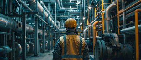An industrial worker in a hard hat and safety vest walks through a large, modern industrial facility.の素材