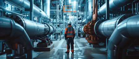 The photo shows a worker in a hard hat and safety vest walking through a large industrial building.の素材