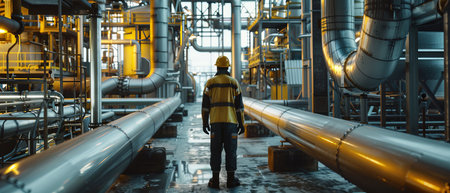 Oil and gas worker walking through a maze of pipes at an oil refineryの素材