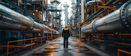 Oil and gas worker walking through a maze of pipes and valves at an oil refineryの素材
