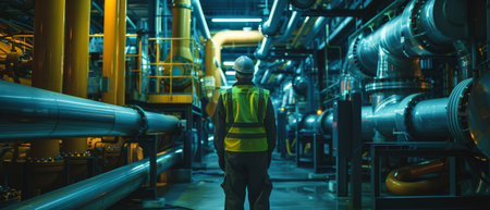 The photo shows a worker in a hard hat and safety vest walking through a brightly lit industrial area.の素材