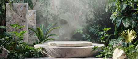 The stone pedestal is overgrown with tropical plants and shrouded in fog.の素材