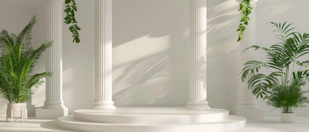 The image is a 3D rendering of a white marble podium with a green plant on either side. The podium is in front of a white wall with two columns. The image is well-lit and has a clean, modern look.の素材