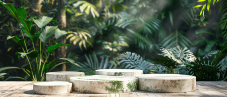 The photo shows a stone podium with a blurred background of a tropical forest.の素材