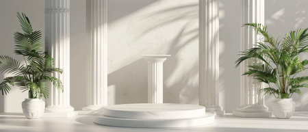 The image is of a white marble podium with two palm trees in front of it. There are also columns behind the podium. The background is a white wall with a shadow of leaves.の素材