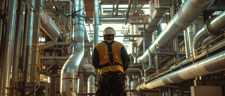 Oil and gas worker walking through a maze of pipes and valves at an industrial plantの素材