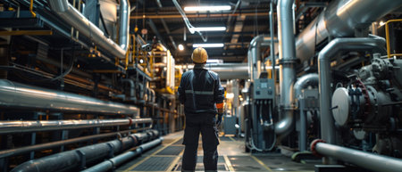 An industrial worker in a hard hat and safety vest inspects a complex system of pipes and machinery.の素材