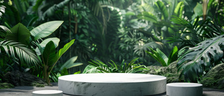 The marble podium is placed in the middle of the lush green jungle.の素材