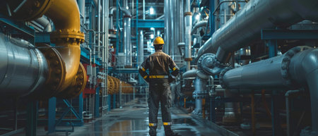 Oil and gas worker walking through a maze of pipes and valves at an oil refineryの素材