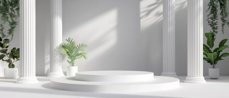 White podium with roman columns and green plants.の素材