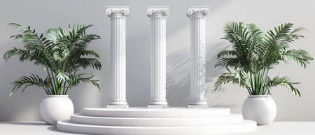 The image is of three white columns on a white platform. There is a potted palm tree on either side of the columns. The background is a white wall.の素材
