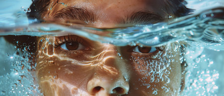 Close-up portrait of a man's face half-submerged in water, with bubbles floating around his head.の素材