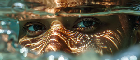 Close-up portrait of a woman's face with green eyes and sunlight reflecting on her skinの素材