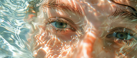 Close-up portrait of a woman's face with green eyes and blonde hair.の素材