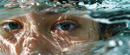 A close-up of a person&#39;s face partially submerged in water, capturing the intricate details of the skin, eyelashes, eyebrows, and lips. The water creates a wavy, translucent effect over the face, with light refracting beautifully on the skin. The eye above the water surface is clear and expressive, adding depth to the image. The lighting is soft and natural, highlighting the texture and contours of the face. The overall atmosphere is tranquil and dreamlike, with the play of light and water creating a serene and ethereal effect. --ar 7:3 Job ID: d84590b8-8011-4b69-a449-3cd116916a49の素材