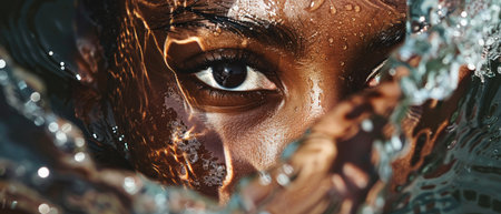 Close up of a woman's face with water droplets on her skinの素材