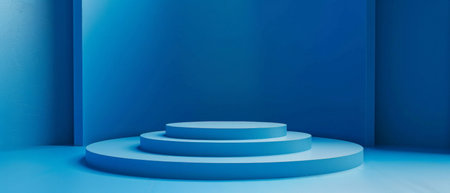Blue empty podium for product presentation with spotlight.の素材