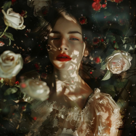 Young woman with wet hair and red lips gently floats among the flowers.の素材