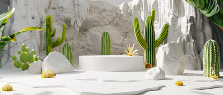 3D rendering of a white podium with green cacti in the desert.の素材