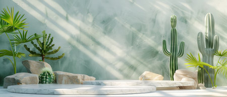 The photo shows a green wall with cacti and rocks in front of it.の素材