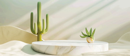 The marble podium in the middle of the desert with a cactus and a plant on it.の素材