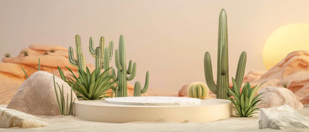 The photo shows a podium in the middle of a desert with cacti and rocks around it.の素材