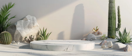 The photo shows a white marble podium with a variety of cacti and other desert plants on it. The plants are arranged in a way that creates a sense of depth and dimension. The background is a simple white wall, which helps to make the plants stand out. The photo is well-lit and has a clean, modern look.の素材