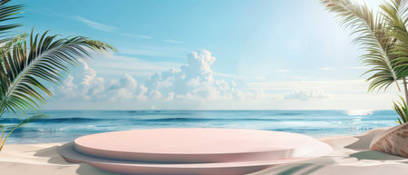 3d rendering of pink podium with palm trees and blue ocean in background for product presentation.の素材