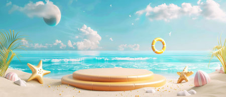3d rendering of summer beach with podium for product presentation.の素材