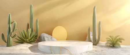The photo shows a podium made of marble and stone in the middle of a desert with cacti.の素材