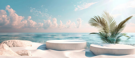 White podiums on the sandy beach with a palm tree against the seascape.の素材