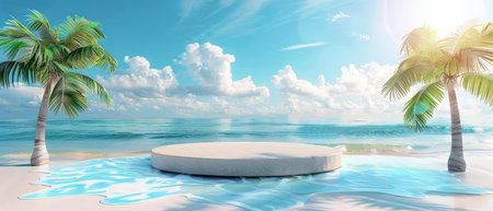 3d rendering of a podium on a tropical beach with palm trees and crystal clear water.の素材