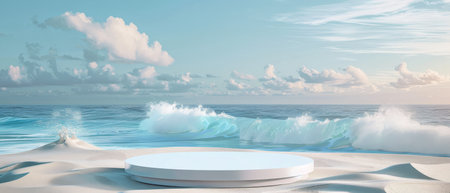 The photo shows a white podium on a sandy beach with a blue ocean and white clouds in the background.の素材