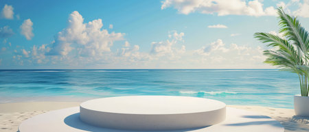 White round podium on the tropical beach.の素材