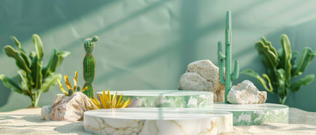 The photo shows a surreal landscape with a large white podium in the foreground. The podium is surrounded by green plants and strange rock formations. The background is a pale green color.の素材