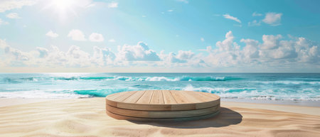 The photo shows a wooden podium on a sandy beach against the backdrop of the ocean and blue sky.の素材