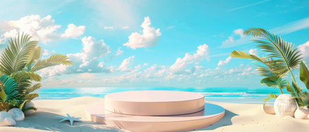 3d rendering of empty pink podium with palm leaves and seascape background.の素材