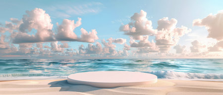 White podium on the beach with sea and sky in the background.の素材