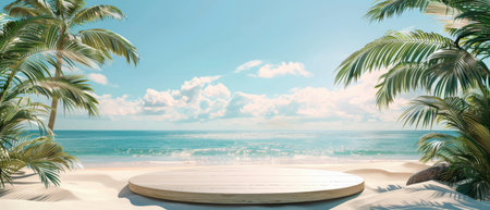 3d rendering of a podium with palm trees on a beach.の素材