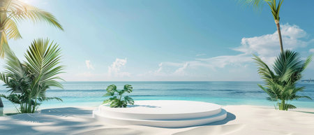White podium with green plants on the tropical beach.の素材