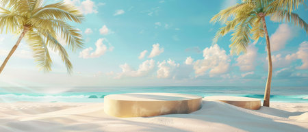 The photo shows a sandy beach with a podium in the foreground. There are palm trees on both sides of the podium. The sea is in the background. The sky is blue and there are some clouds in the sky.の素材