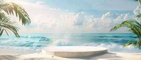 White podium on the tropical beach with palm trees and blue ocean.の素材